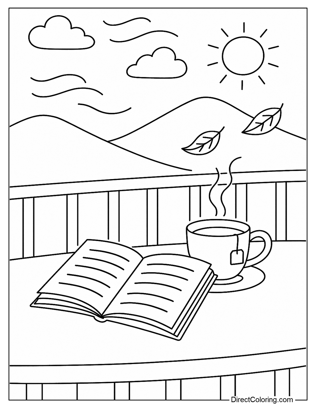 Summer reading coloring page with books and a cup of tea on the summer balcony, the wind blows gently